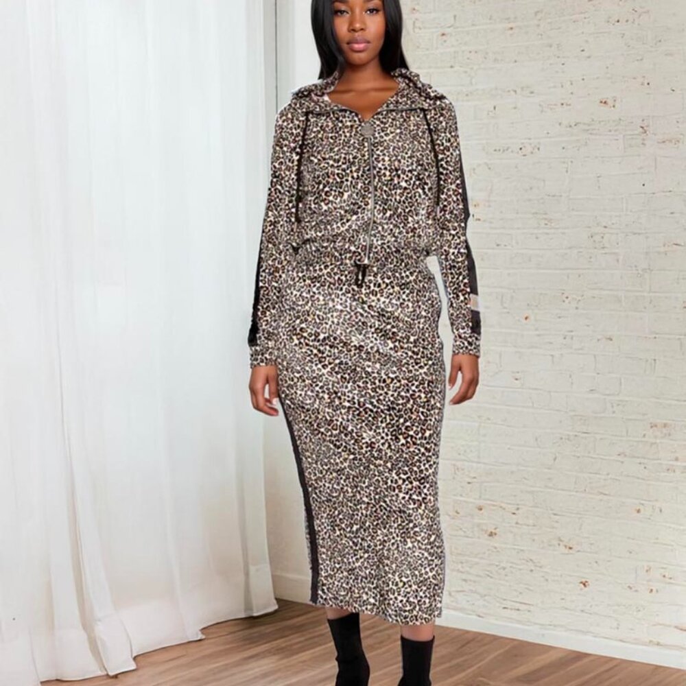 Women’s Velvet Tracksuit Two-Piece Set Cheetah Print Hoodie Jacket Maxi Skirt